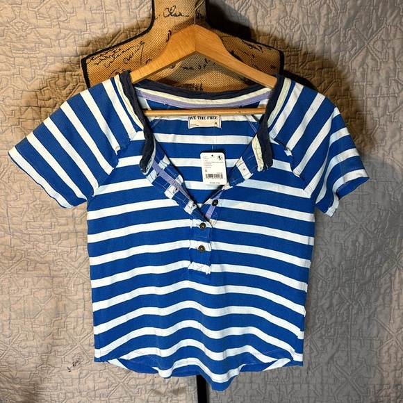 Free People Blue and White Striped Short Sleeve Tee - Picture 2 of 8